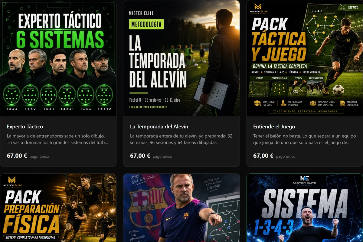 Catálogo de cursos de Mister Élite con sus portadas y sus precios