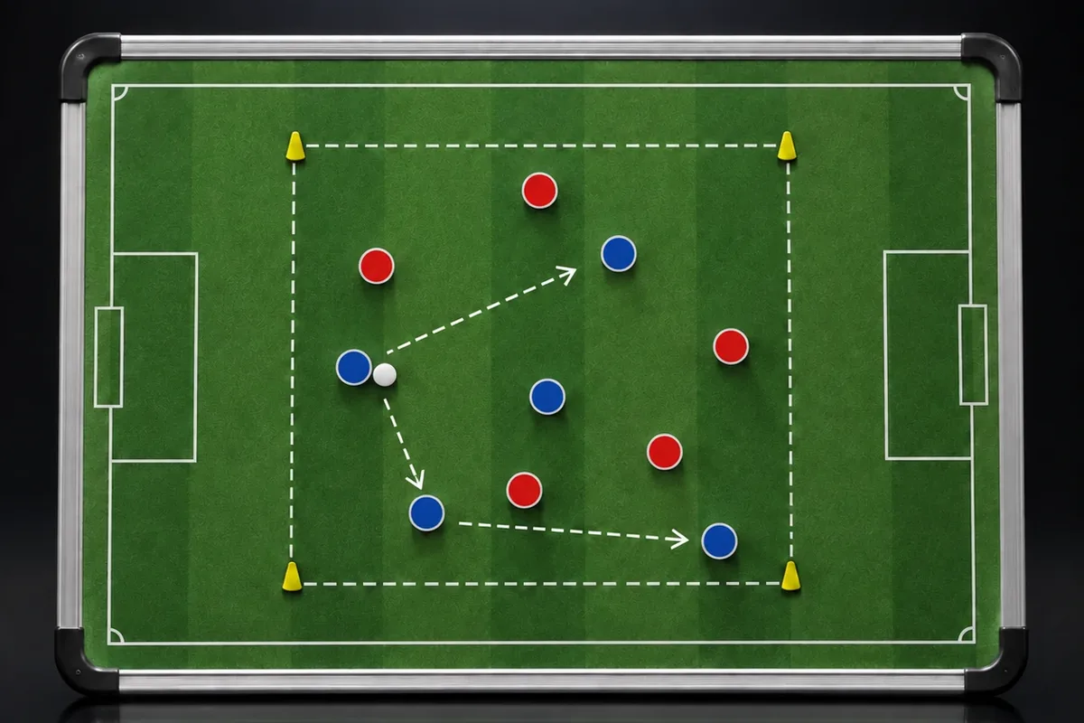 Pizarra con un ejercicio de entrenamiento dibujado: conos, jugadores y los pases en flechas
