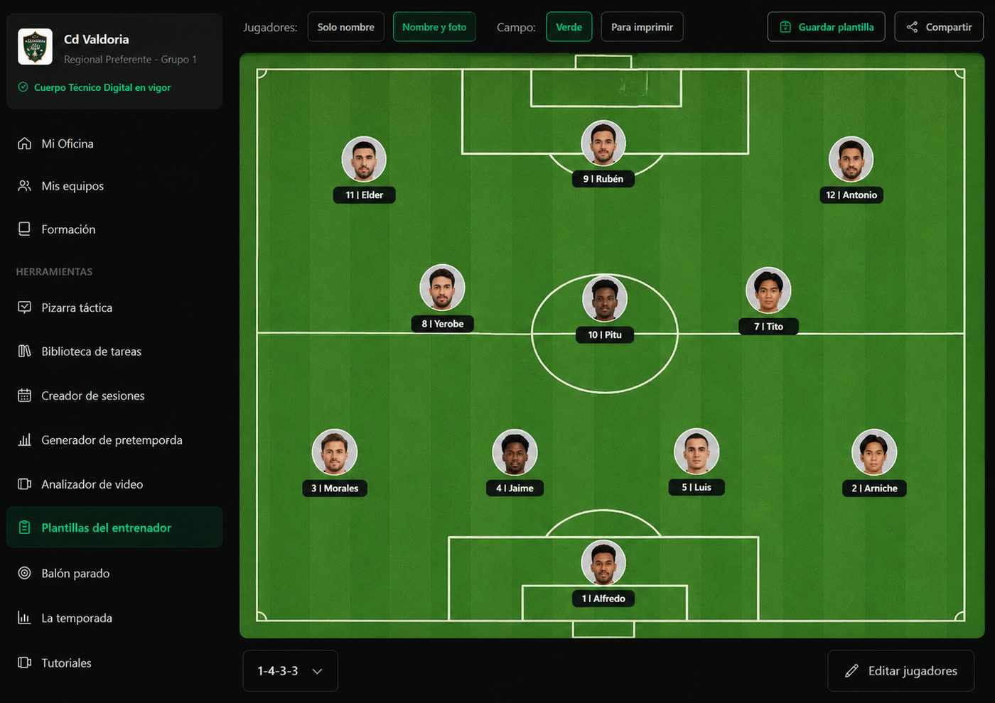 El Cuerpo Técnico Digital: el once con la cara de cada jugador y, a la izquierda, todas las herramientas