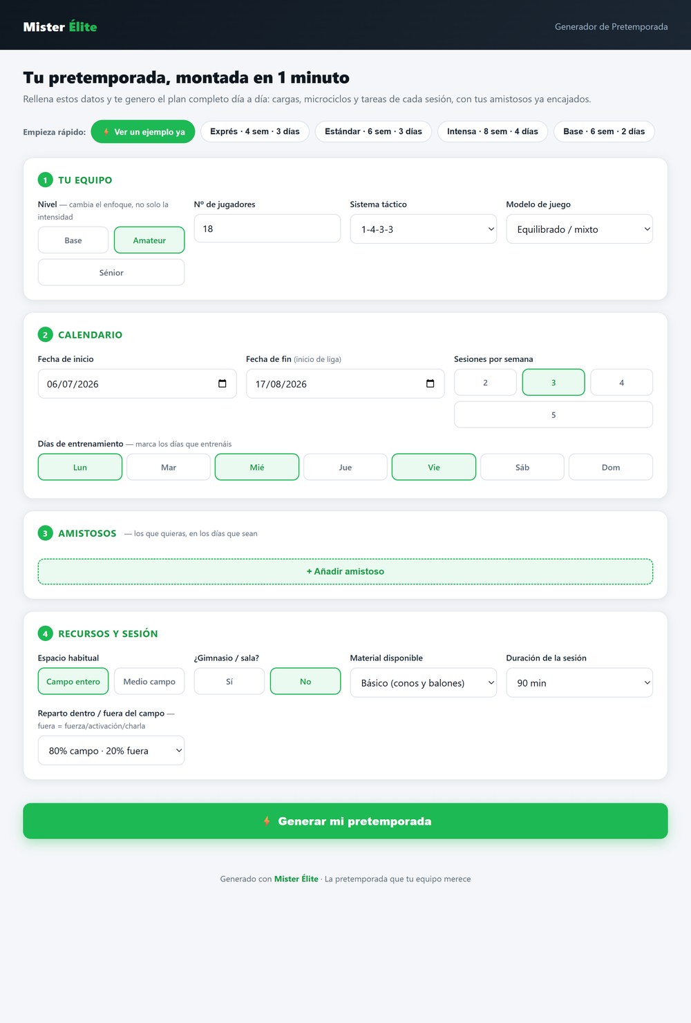 Generador de Pretemporada: rellenas 4 datos y te monta el plan completo